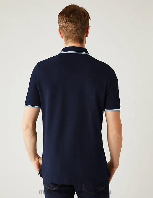 Men Dark Navy Clothing Marks & Spencer Pure Cotton Pique Tipped Polo Shirt 20VTD5057 - Marks and Spencer outlet