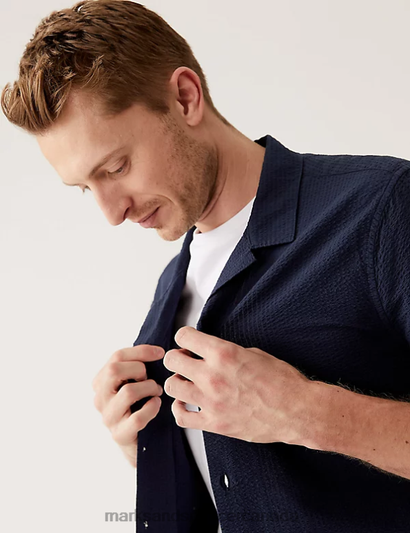 Men Dark Navy Clothing Marks & Spencer Pure Cotton Seersucker Cuban Collar Shirt 20VTD6615 - Marks and Spencer Canada locations