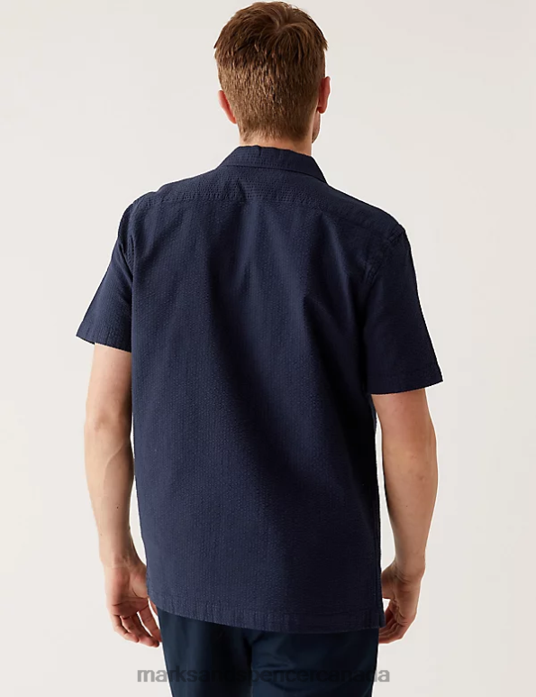 Men Dark Navy Clothing Marks & Spencer Pure Cotton Seersucker Cuban Collar Shirt 20VTD6615 - Marks and Spencer Canada locations