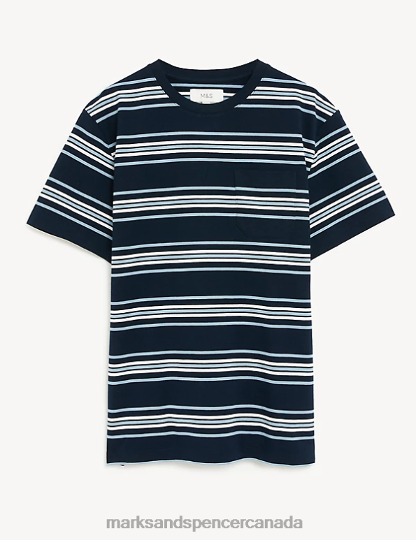 Marks and Spencer near me - Men Dark Navy Clothing Marks & Spencer Pure Cotton Striped Heavy Weight T-Shirt 20VTD6753
