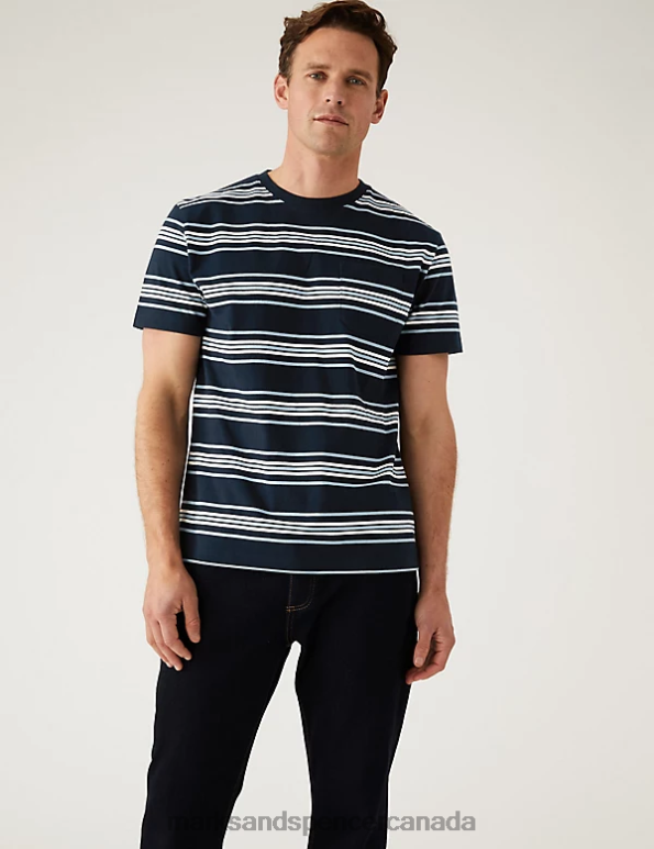 Marks and Spencer near me - Men Dark Navy Clothing Marks & Spencer Pure Cotton Striped Heavy Weight T-Shirt 20VTD6753