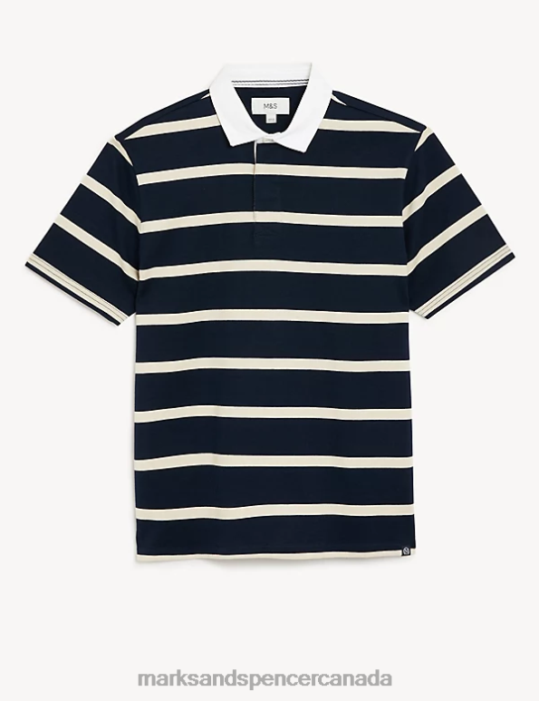 Men Dark Navy Clothing Marks & Spencer Pure Cotton Striped Rugby Shirt 20VTD6656 - Marks and Spencer Canada locations