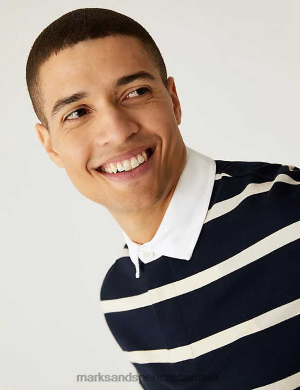 Men Dark Navy Clothing Marks & Spencer Pure Cotton Striped Rugby Shirt 20VTD6656 - Marks and Spencer Canada locations