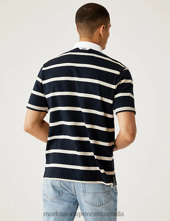Men Dark Navy Clothing Marks & Spencer Pure Cotton Striped Rugby Shirt 20VTD6656 - Marks and Spencer Canada locations