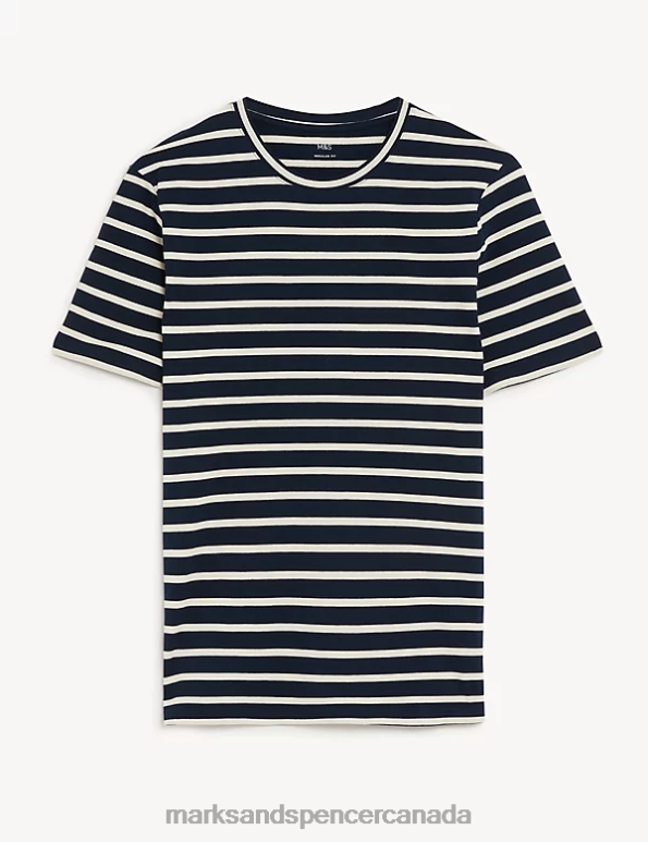 Marks and Spencer Canada - Men Dark Navy Clothing Marks & Spencer Pure Cotton Striped T-Shirt 20VTD5975