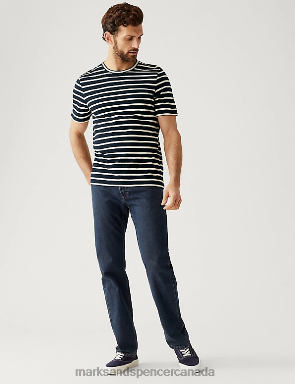 Marks and Spencer Canada - Men Dark Navy Clothing Marks & Spencer Pure Cotton Striped T-Shirt 20VTD5975