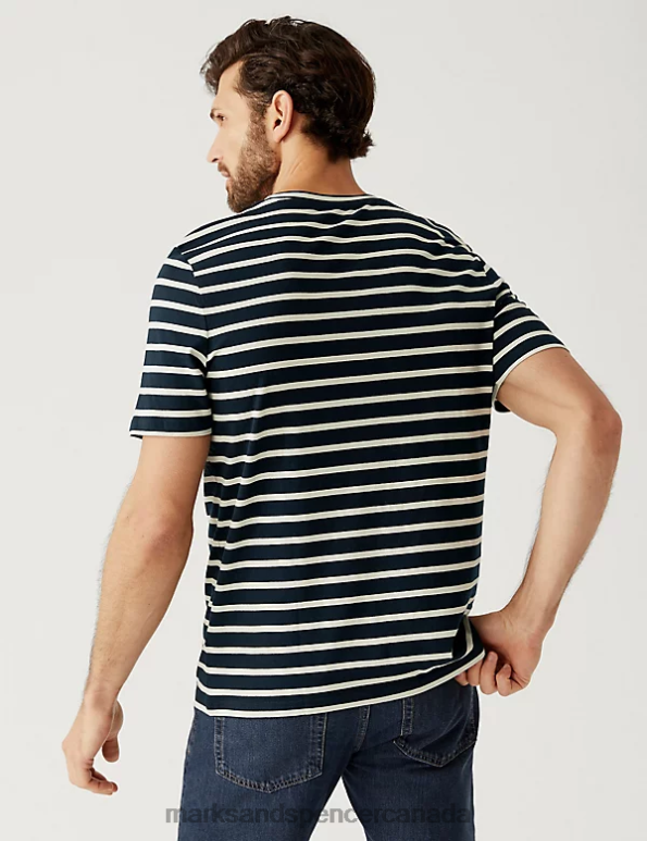 Marks and Spencer Canada - Men Dark Navy Clothing Marks & Spencer Pure Cotton Striped T-Shirt 20VTD5975