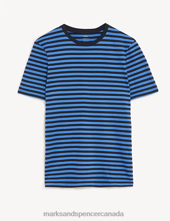 Men Dark Navy Clothing Marks & Spencer Pure Cotton Striped T-Shirt 20VTD6781 - Marks and Spencer outlet