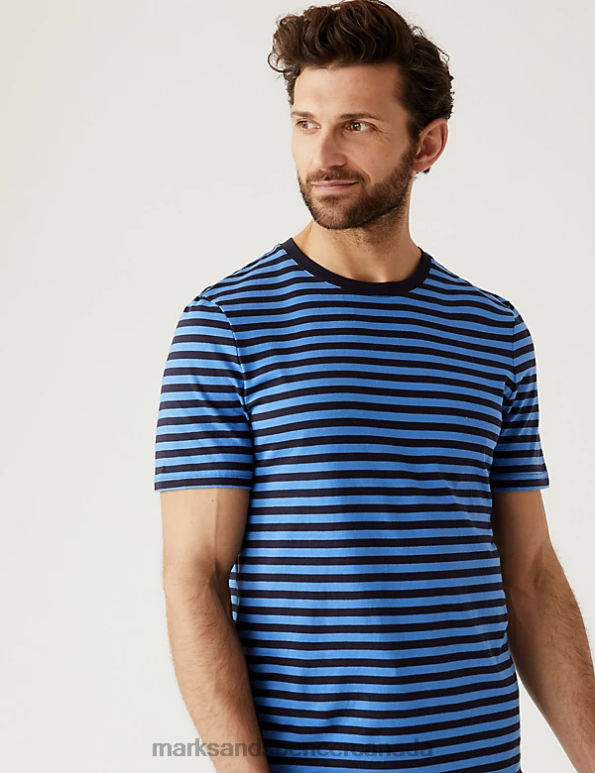 Men Dark Navy Clothing Marks & Spencer Pure Cotton Striped T-Shirt 20VTD6781 - Marks and Spencer outlet