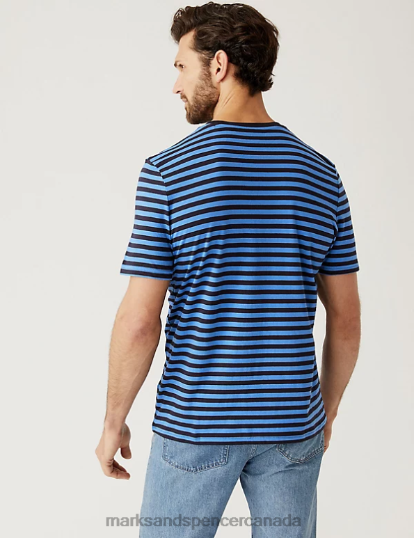 Men Dark Navy Clothing Marks & Spencer Pure Cotton Striped T-Shirt 20VTD6781 - Marks and Spencer outlet