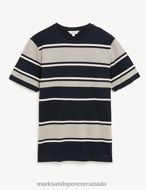 Men Dark Navy Clothing Marks & Spencer Pure Cotton Striped Textured T-Shirt 20VTD6268 - Marks and Spencer online