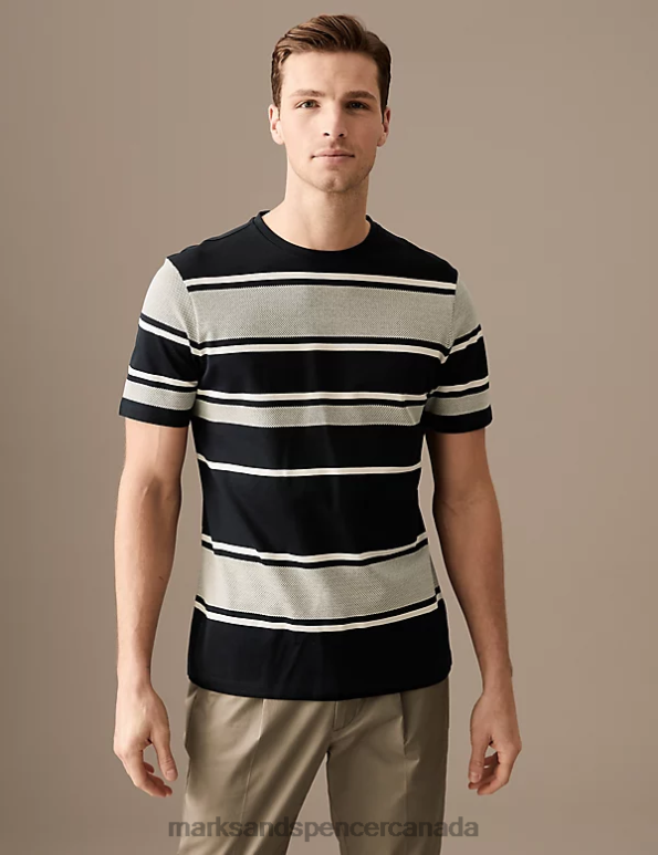 Men Dark Navy Clothing Marks & Spencer Pure Cotton Striped Textured T-Shirt 20VTD6268 - Marks and Spencer online