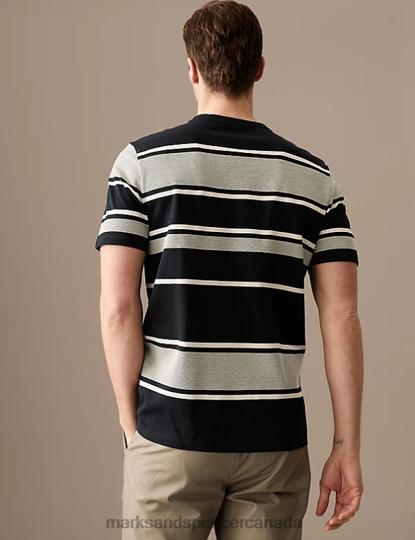 Men Dark Navy Clothing Marks & Spencer Pure Cotton Striped Textured T-Shirt 20VTD6268 - Marks and Spencer online