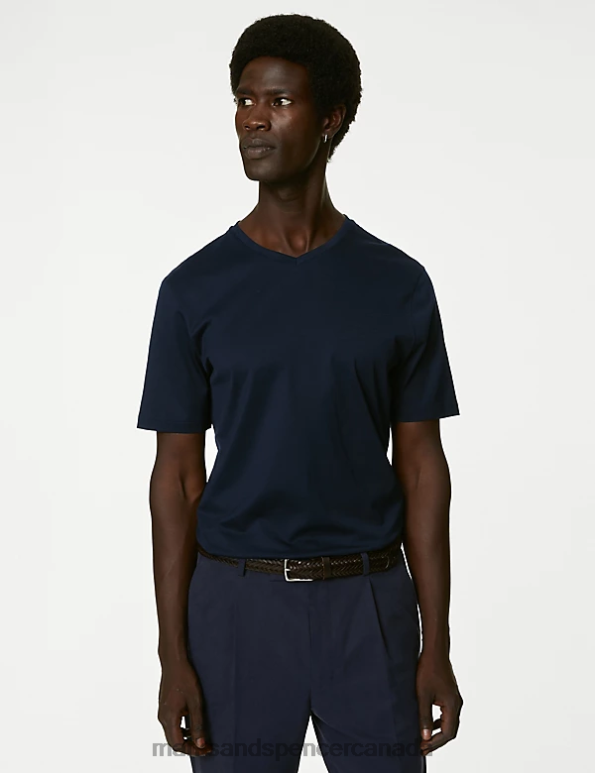 Men Dark Navy Clothing Marks & Spencer Pure Supima Cotton V-Neck T-Shirt 20VTD5691 - Marks and Spencer Canada locations