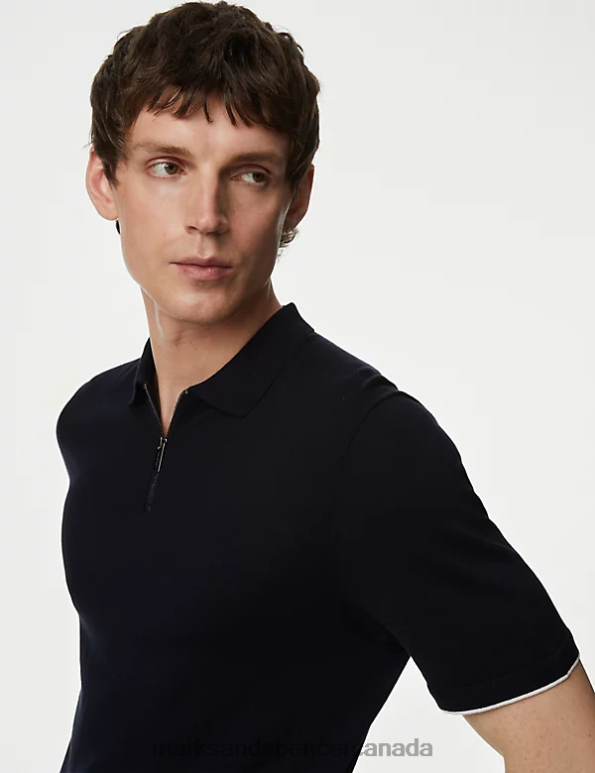 Marks and Spencer near me - Men Dark Navy Clothing Marks & Spencer Silk Cotton Zip Neck Knitted Polo Shirt 20VTD5731