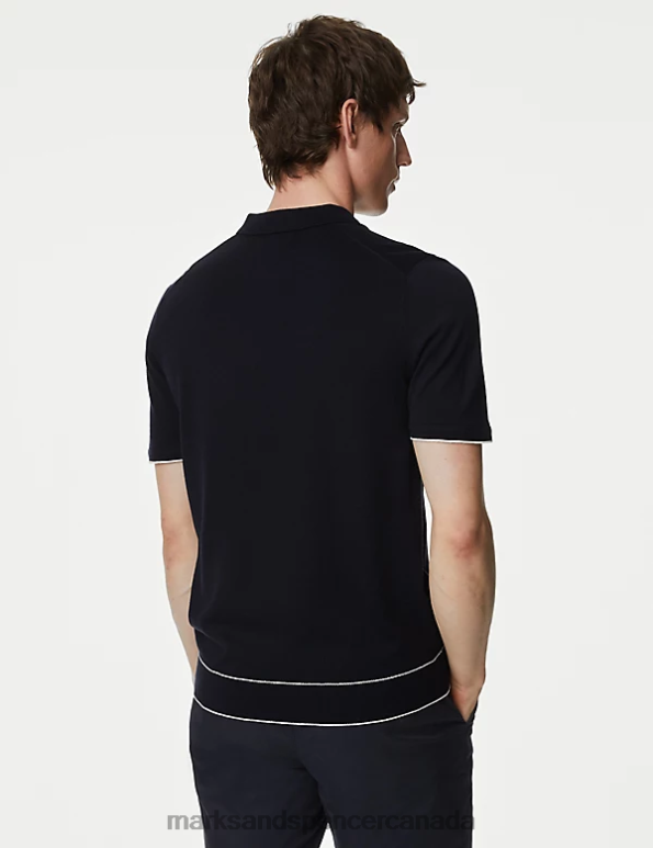 Marks and Spencer near me - Men Dark Navy Clothing Marks & Spencer Silk Cotton Zip Neck Knitted Polo Shirt 20VTD5731