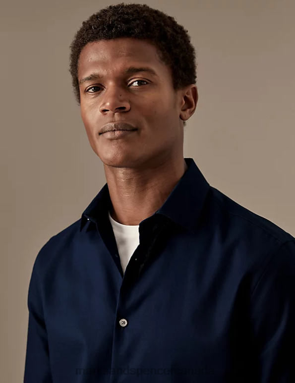 Marks and Spencer Canada - Men Dark Navy Clothing Marks & Spencer Slim Fit Easy Iron Pure Cotton Shirt 20VTD5418