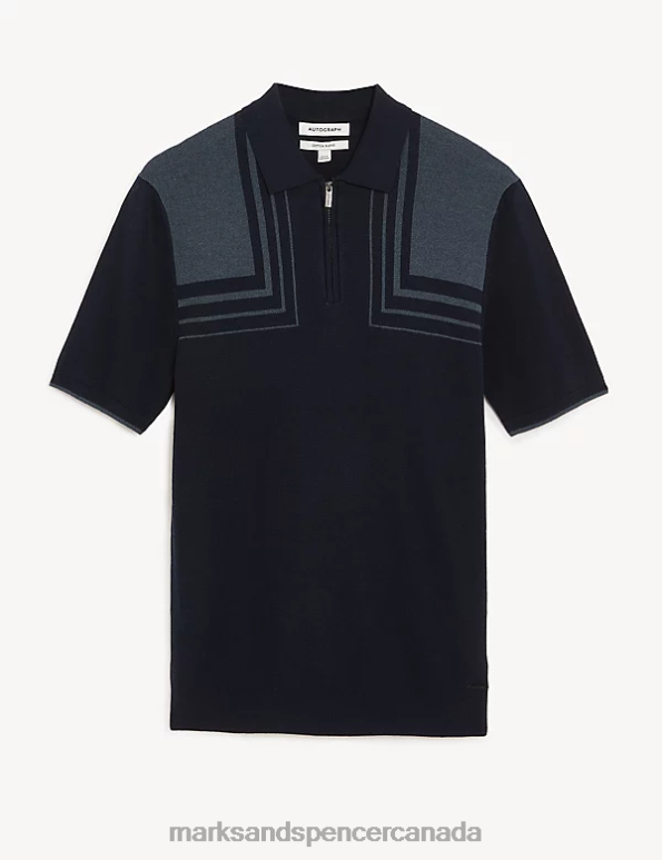 Men Dark Navy Mix Clothing Marks & Spencer Cotton Blend Colour Block Knitted Polo Shirt 20VTD5482 - Marks and Spencer online