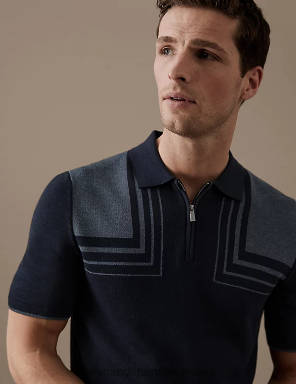 Men Dark Navy Mix Clothing Marks & Spencer Cotton Blend Colour Block Knitted Polo Shirt 20VTD5482 - Marks and Spencer online