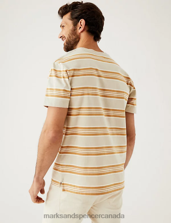 Marks and Spencer sale - Men Dark Stone Clothing Marks & Spencer Pure Cotton Striped Heavy Weight T-Shirt 20VTD7110