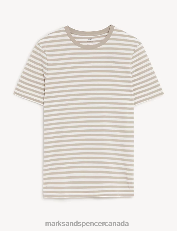 Men Dark Stone Clothing Marks & Spencer Pure Cotton Striped T-Shirt 20VTD6444 - Marks and Spencer online