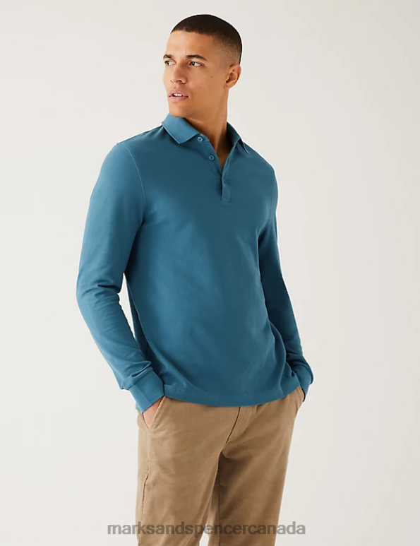 Men Dark Turquoise Clothing Marks & Spencer 2pk Pure Cotton Long Sleeve Polo Shirts 20VTD5080 - Marks and Spencer outlet