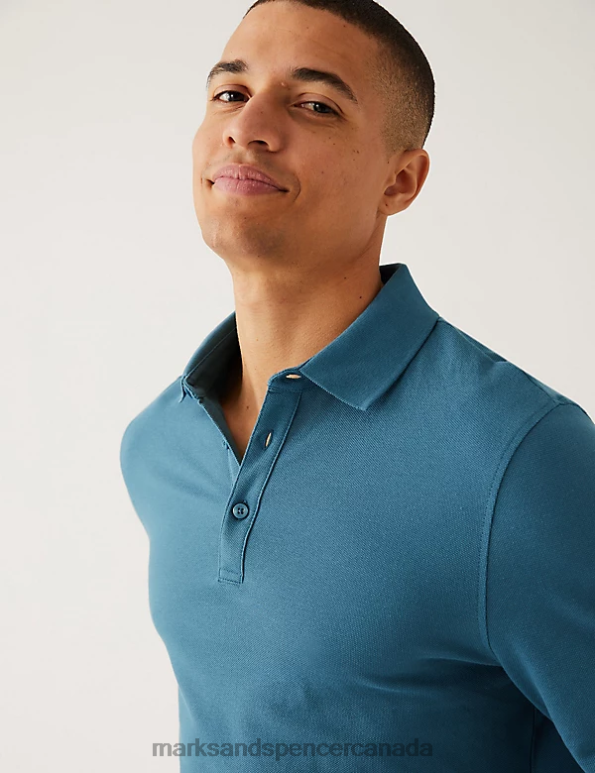 Men Dark Turquoise Clothing Marks & Spencer 2pk Pure Cotton Long Sleeve Polo Shirts 20VTD5080 - Marks and Spencer outlet