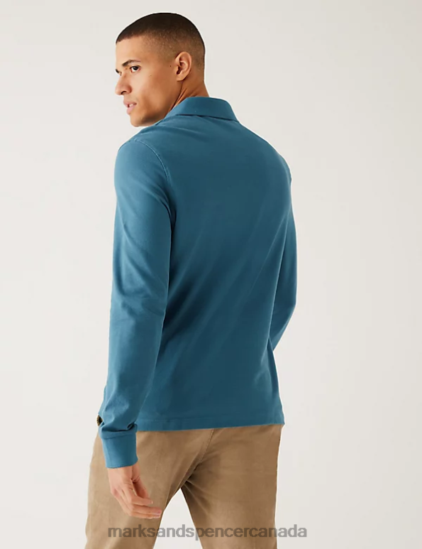 Men Dark Turquoise Clothing Marks & Spencer 2pk Pure Cotton Long Sleeve Polo Shirts 20VTD5080 - Marks and Spencer outlet