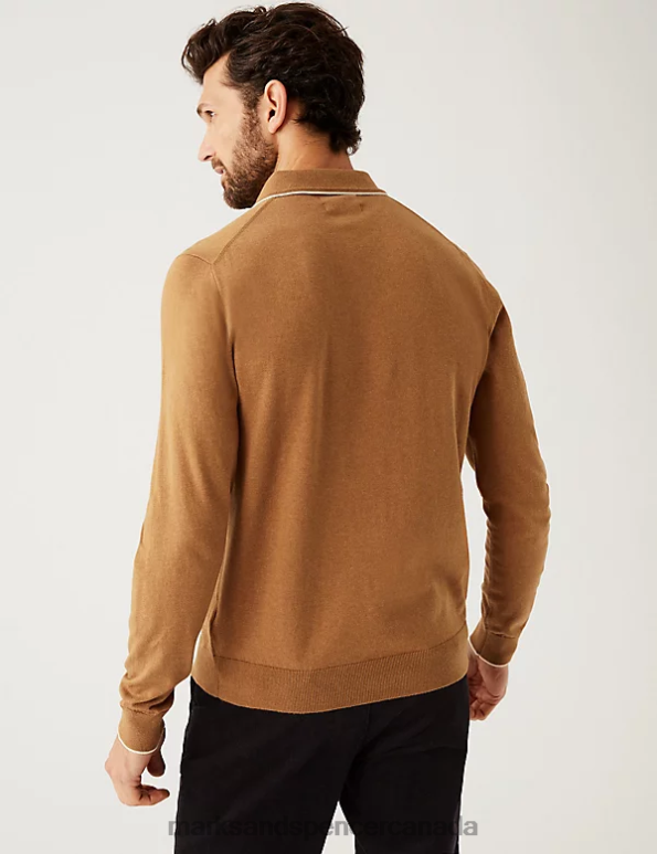 Marks and Spencer Canada - Men Dark Yellow Clothing Marks & Spencer Cotton Rich Tipped Knitted Polo Shirt 20VTD6836