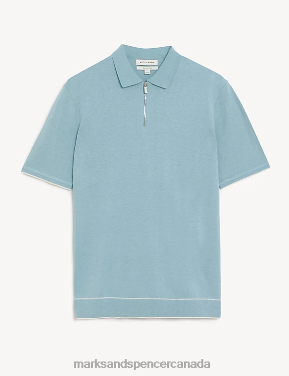 Men Duck Egg Clothing Marks & Spencer Silk Cotton Zip Neck Knitted Polo Shirt 20VTD6106 - Marks and Spencer online