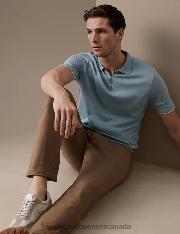 Men Duck Egg Clothing Marks & Spencer Silk Cotton Zip Neck Knitted Polo Shirt 20VTD6106 - Marks and Spencer online