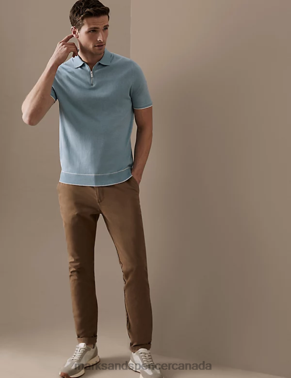 Men Duck Egg Clothing Marks & Spencer Silk Cotton Zip Neck Knitted Polo Shirt 20VTD6106 - Marks and Spencer online