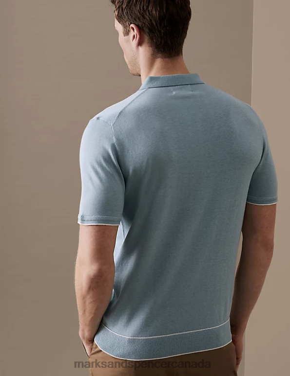 Men Duck Egg Clothing Marks & Spencer Silk Cotton Zip Neck Knitted Polo Shirt 20VTD6106 - Marks and Spencer online