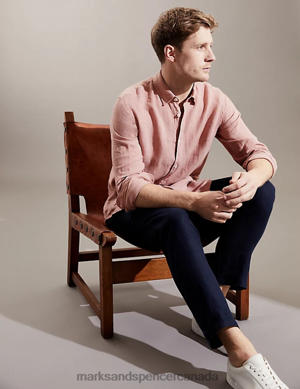 Men Dusky Pink Clothing Marks & Spencer Luxurious Pure Linen Long Sleeve Shirt 20VTD5743 - Marks and Spencer online