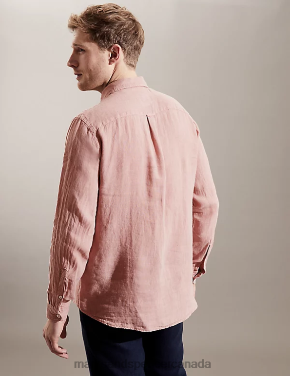Men Dusky Pink Clothing Marks & Spencer Luxurious Pure Linen Long Sleeve Shirt 20VTD5743 - Marks and Spencer online