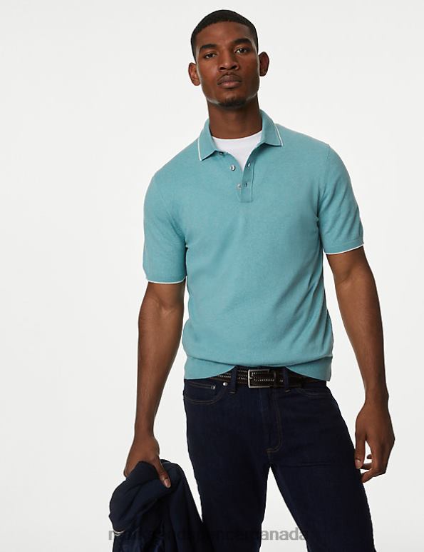 Marks and Spencer near me - Men Dusted Aqua Clothing Marks & Spencer Cotton Rich Short Sleeve Knitted Polo Shirt 20VTD6686