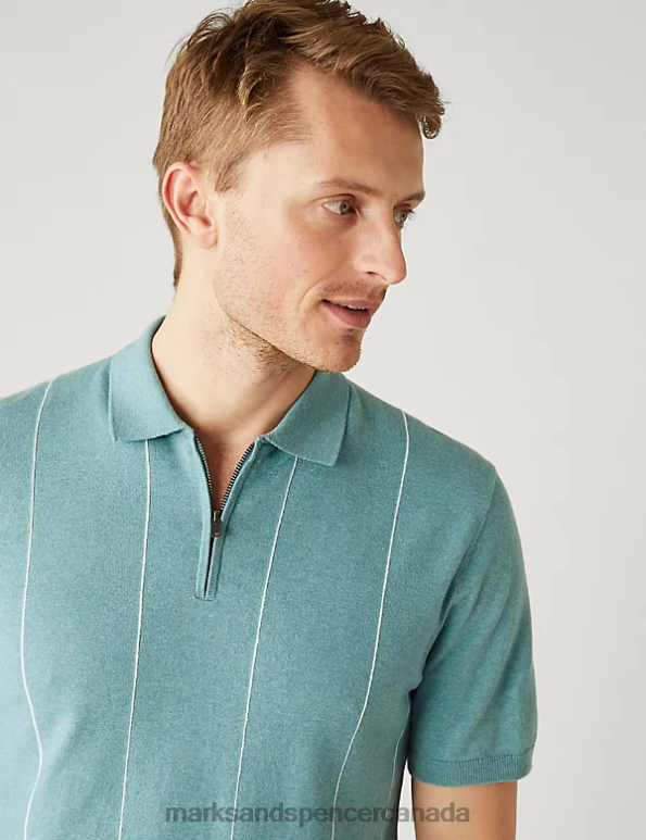 Men Dusted Aqua Clothing Marks & Spencer Cotton Rich Striped Knitted Polo Shirt 20VTD6884 - Marks and Spencer Canada locations