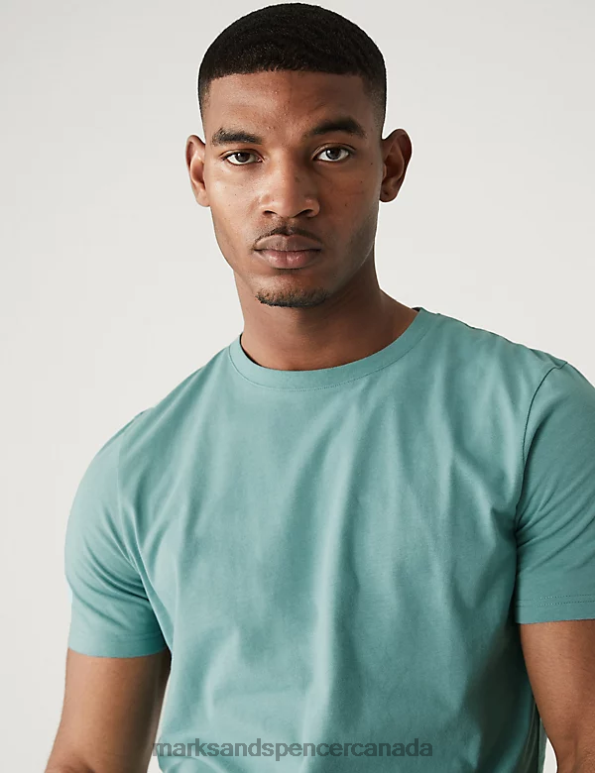Men Dusted Aqua Clothing Marks & Spencer Pure Cotton Crew Neck T-Shirt 20VTD155 - Marks and Spencer outlet