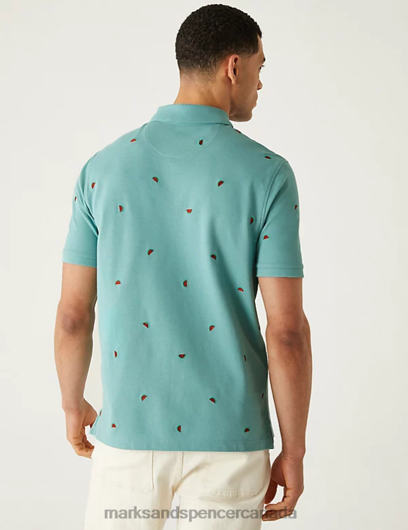 Marks and Spencer Canada - Men Dusted Aqua Clothing Marks & Spencer Pure Cotton Pique Embroidered Polo Shirt 20VTD6553