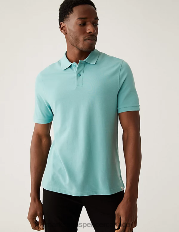 Men Dusted Aqua Clothing Marks & Spencer Pure Cotton Pique Polo Shirt 20VTD195 - Marks and Spencer Canada locations