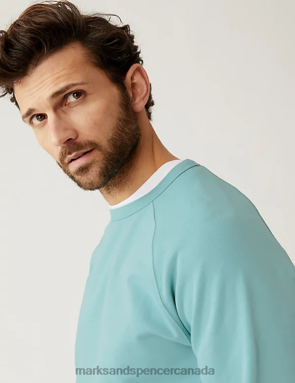 Marks and Spencer sale - Men Dusted Aqua Clothing Marks & Spencer Pure Cotton Raglan Crew Neck Sweatshirt 20VTD7533