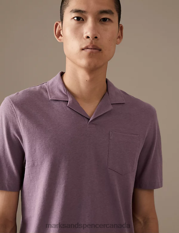 Marks and Spencer near me - Men Dusted Plum Clothing Marks & Spencer Linen Blend Revere Polo Shirt 20VTD6600