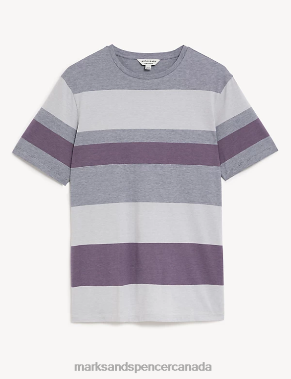 Marks and Spencer sale - Men Dusted Plum Clothing Marks & Spencer Pure Cotton Striped T-Shirt 20VTD6086