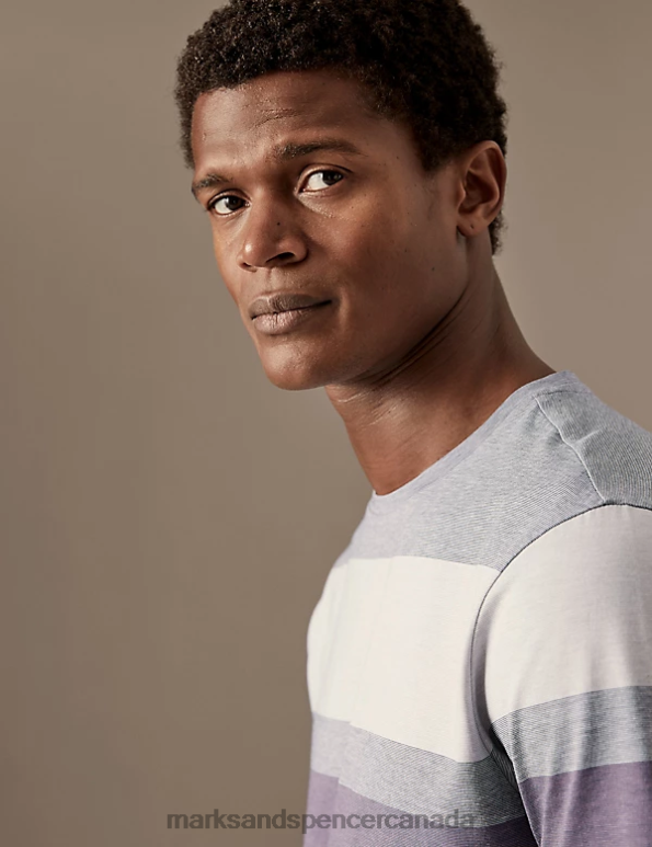 Marks and Spencer sale - Men Dusted Plum Clothing Marks & Spencer Pure Cotton Striped T-Shirt 20VTD6086