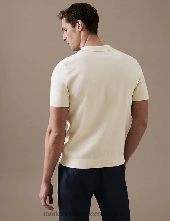 Men Ecru Clothing Marks & Spencer Cotton Rich Short Sleeve Knitted Polo Shirt 20VTD6388 - Marks and Spencer Canada locations