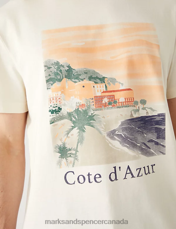 Men Ecru Clothing Marks & Spencer Pure Cotton Cote d\'Azur Graphic T-Shirt 20VTD5343 - Marks and Spencer outlet