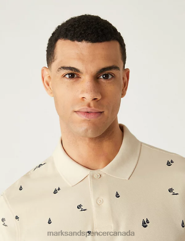 Marks and Spencer near me - Men Ecru Clothing Marks & Spencer Pure Cotton Palm Print Polo Shirt 20VTD6646