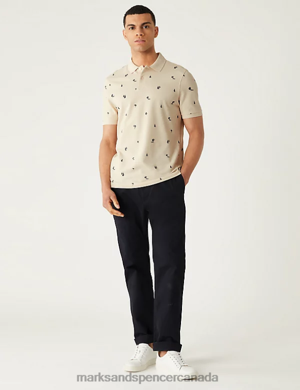 Marks and Spencer near me - Men Ecru Clothing Marks & Spencer Pure Cotton Palm Print Polo Shirt 20VTD6646
