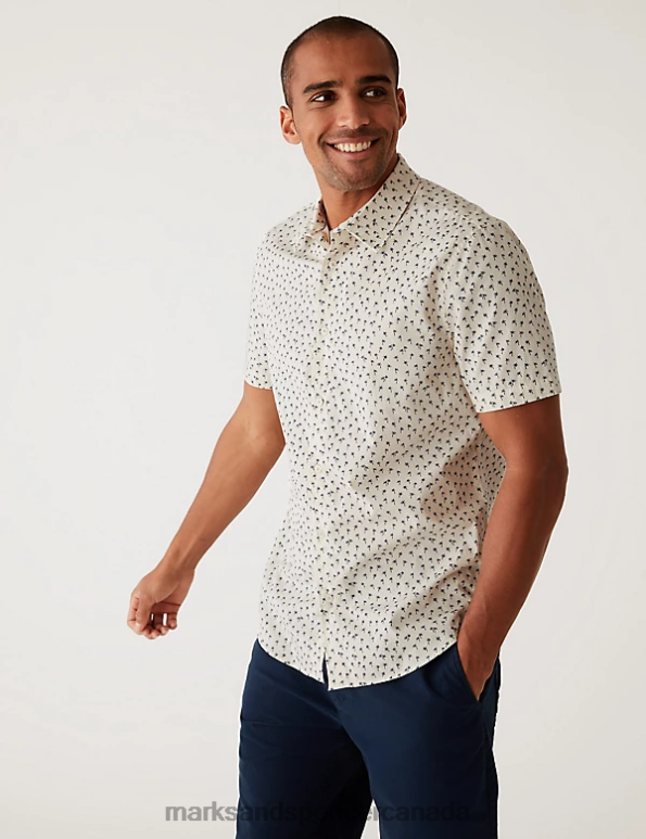 Men Ecru Clothing Marks & Spencer Pure Cotton Palm Tree Print Shirt 20VTD6331 - Marks and Spencer Canada locations