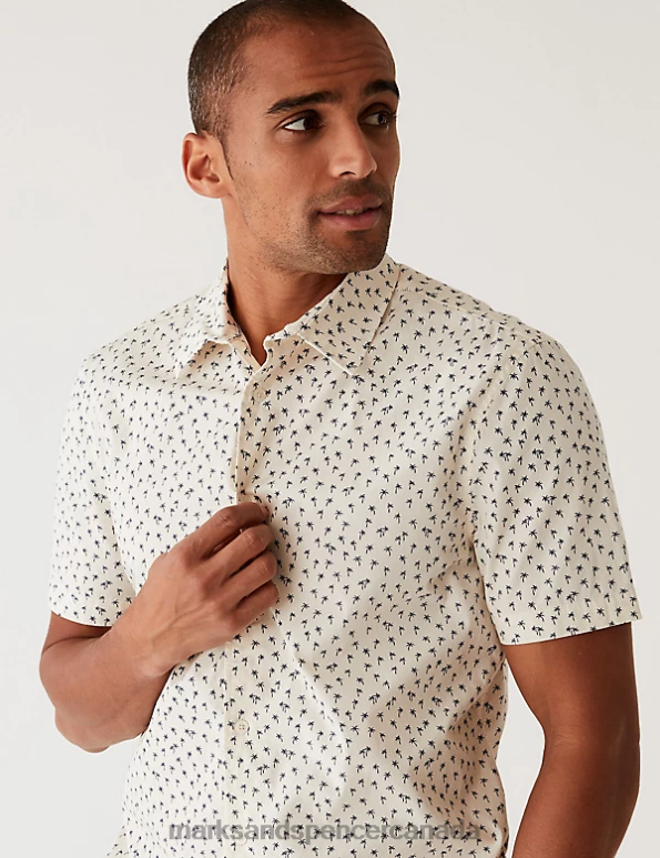 Men Ecru Clothing Marks & Spencer Pure Cotton Palm Tree Print Shirt 20VTD6331 - Marks and Spencer Canada locations